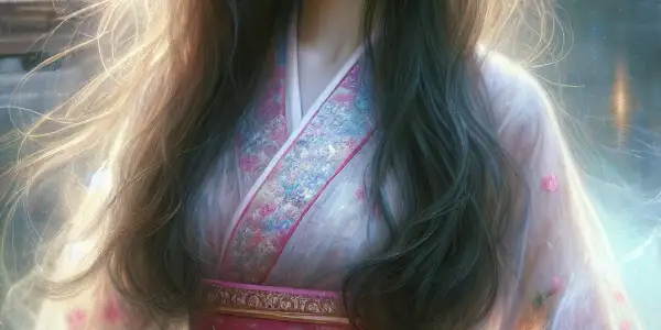 A young woman in a floral kimono stands in a serene Japanese garden, surrounded by cherry blossoms and a tranquil pond.