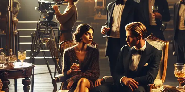 A luxurious film set featuring diverse actors in elegant costumes, engaged in creative discussions amidst sophisticated lighting and equipment.
