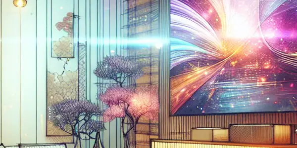 A luxurious modern living room with a large screen, vibrant colors, and intimate lighting, suggesting premium adult entertainment.