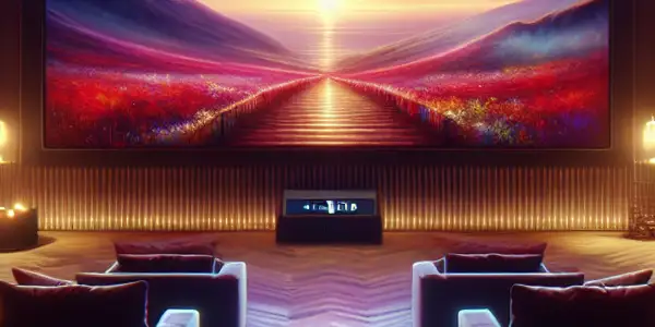 A modern home cinema setup featuring plush seating, a large screen with abstract visuals, and intimate ambient lighting.
