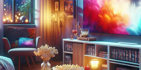 A cozy living room setup for watching movies, featuring a large TV, popcorn, drinks, and a starry night view.