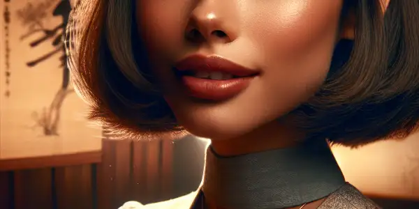 A young woman with a bowl-cut hairstyle in a cozy Japanese room, blending retro fashion with modern elements.