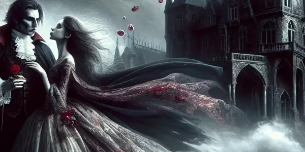 A mysterious vampire in a gothic castle, surrounded by shadows, romance, and eerie beauty under a moonlit sky.