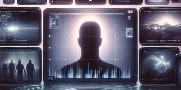 A futuristic digital interface displaying blurred adult video thumbnails in a dimly lit, secure environment.