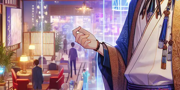 A vibrant virtual Japanese apartment featuring an anime-inspired character in a flirtatious pose with interactive elements.