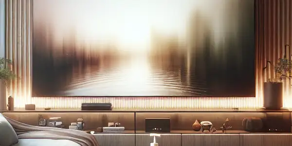 A cozy modern living room designed for adult film viewing, featuring a large sofa, clean decor, and soft lighting.