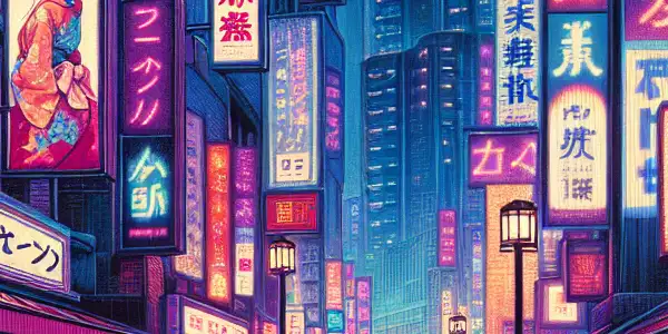 A vibrant neon-lit cityscape at night featuring stylized characters and colorful advertisements for fictional adult films.