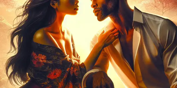 A sunlit urban park scene depicting a woman and man sharing an intimate moment, embodying forbidden love.