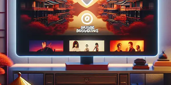 A cozy home setting featuring a computer displaying an adult film website, with Japanese cultural elements and a focus on safety.