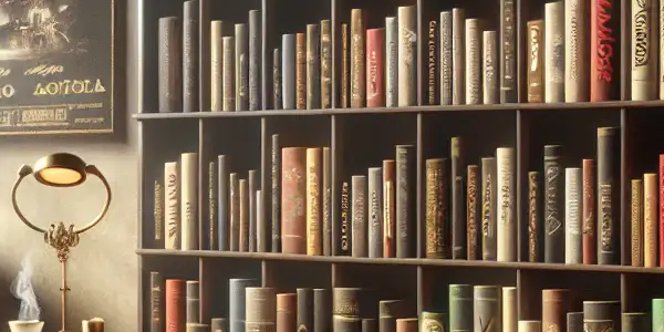 A whimsical bookshelf of colorful adult film titles in a cozy, inviting setting with decorative elements.