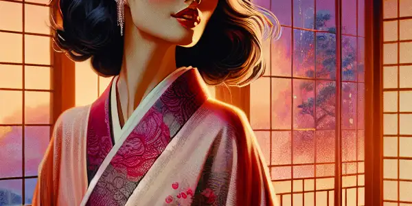 A graceful Mizuno Asahi in a flowing kimono poses in a romantic traditional Japanese room with cherry blossoms.