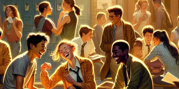 A lively high school courtyard scene depicting diverse students sharing friendship and facing adolescent challenges.