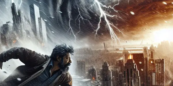 A determined climate scientist battles a massive superstorm in a snow-covered city, searching for his son amidst chaos.