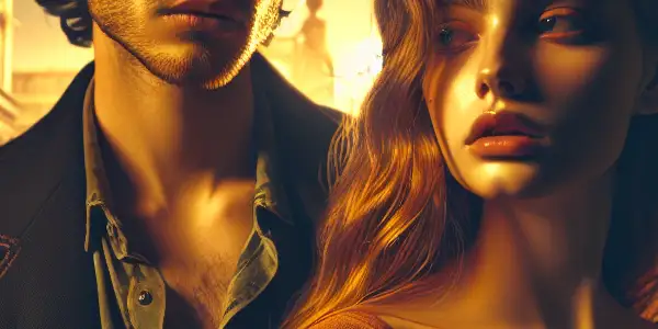 A passionate young couple stands closely together on a vibrant university campus in early autumn, surrounded by falling leaves.