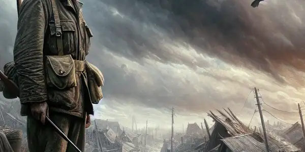 A weary soldier stands in a desolate village, surrounded by war remnants, embodying sorrow and resilience after conflict.
