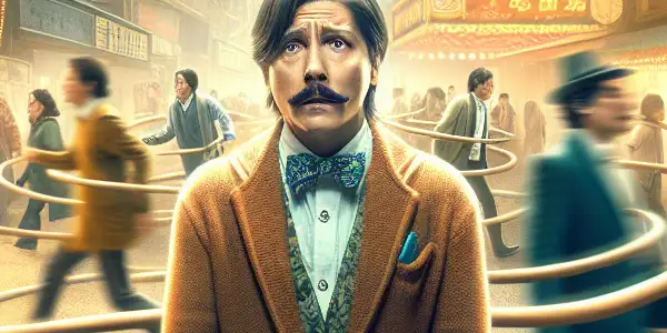 A middle-aged man with a quirky expression stands in a bustling city square, caught in a time loop.
