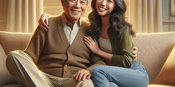 A cozy living room scene featuring a middle-aged man and a young woman sharing playful moments and laughter.