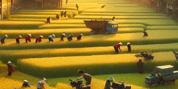 A vibrant rural landscape in China, showcasing farmers harvesting, traditional architecture, and modern film equipment amidst lush fields.