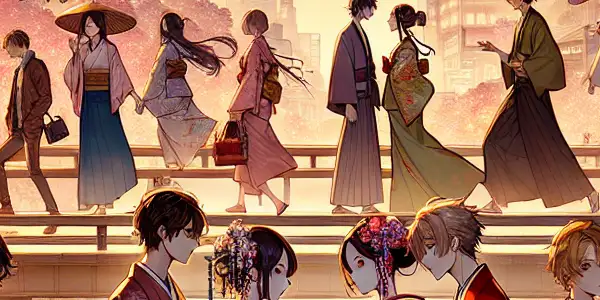 A vibrant cinematic scene featuring diverse characters in romantic interactions, set against a culturally rich backdrop.