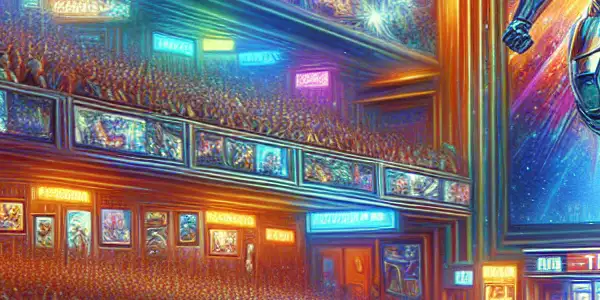 A lively movie theater scene with fans excitedly discussing "Iron Man 3" and a prominent movie poster.