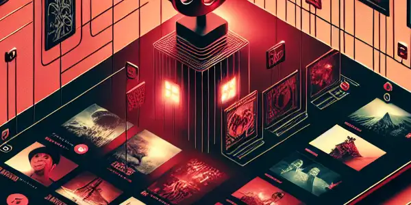 A sleek digital interface showcasing adult film thumbnails on a high-tech device, featuring Japanese cultural elements.