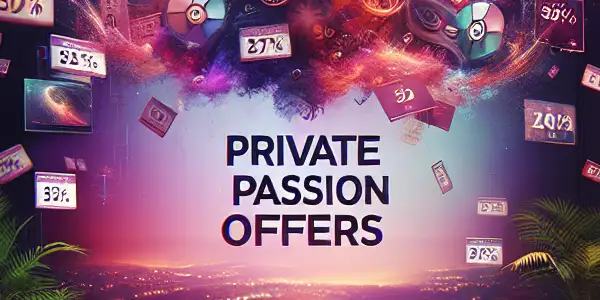 A modern, intimate room showcasing vibrant adult entertainment visuals and floating discount promotions, evoking allure and luxury.