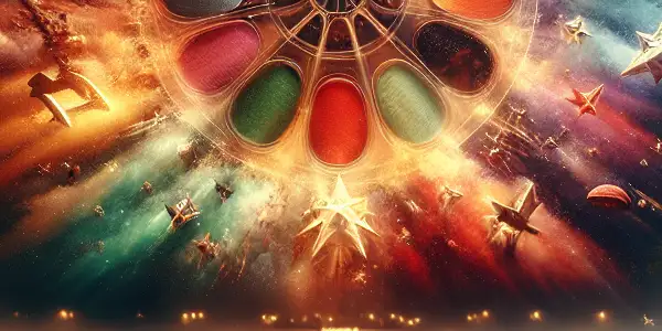 A cozy cinema setting featuring a vibrant film reel and iconic Japanese AV movie posters, inviting viewers to relax.