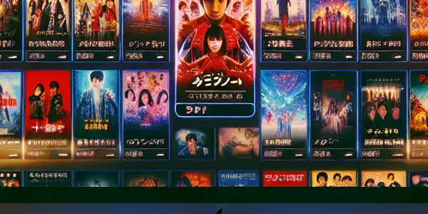 A modern digital interface displaying diverse Japanese adult film thumbnails in a warm, inviting atmosphere.