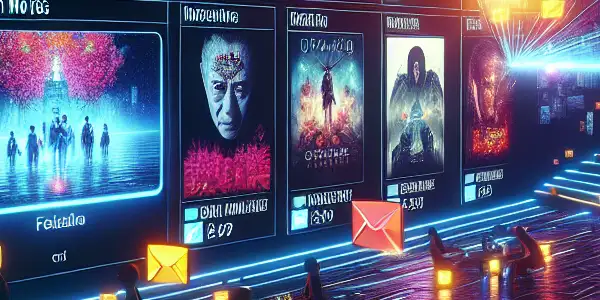 A high-tech digital platform displaying vibrant adult video thumbnails, with diverse characters engaging in an enticing atmosphere.