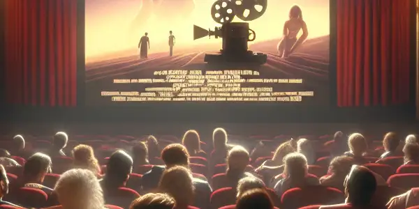 A nostalgic 1980s film screening in a vintage cinema with a diverse audience and classic adult film elements.