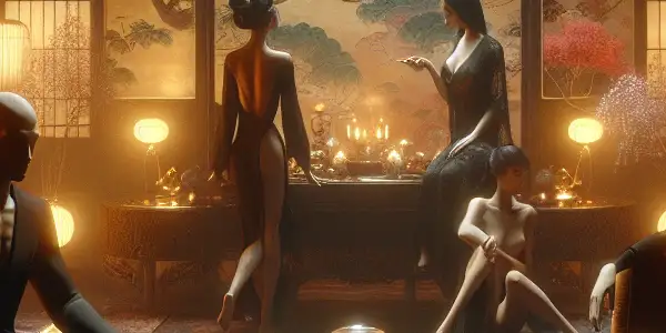 A luxurious, intimate setting featuring two elegantly dressed figures and an array of aphrodisiac ingredients.