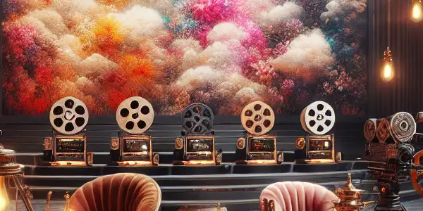 A glamorous film set showcasing a diverse group of artists discussing adult cinema, surrounded by elegant props and warm lighting.