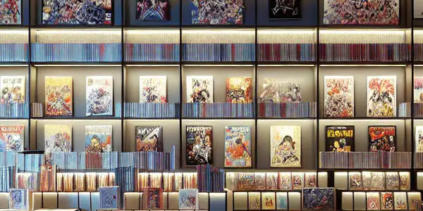 A modern digital library showcasing colorful adult film covers, with cozy seating and a discreet VPN icon.