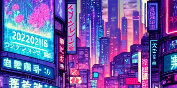 A vibrant futuristic cityscape at night, bustling with diverse characters and neon-lit adult entertainment elements.
