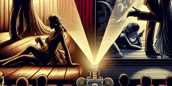 A vintage cinema scene featuring iconic erotic film imagery, couples in intimate poses, and lush red and gold decor.