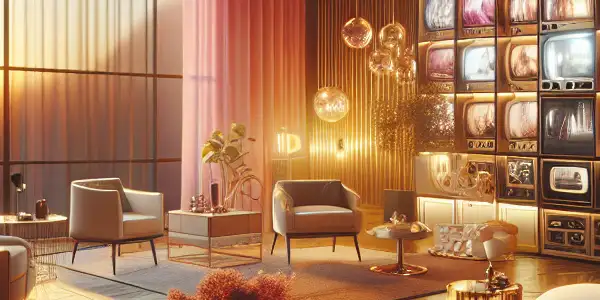 A modern room with screens displaying abstract adult film visuals, featuring a plush sofa and ambient lighting.