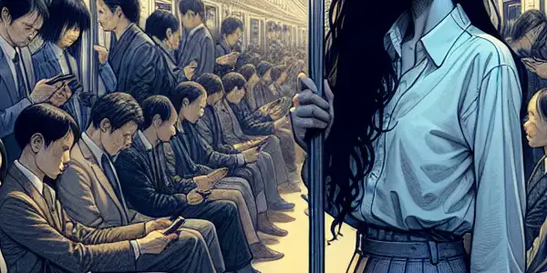 A crowded Japanese train during rush hour, featuring a young woman and a nervous man in a tense, intimate moment.