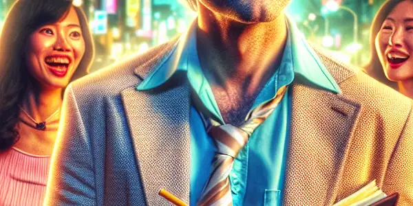 A charismatic man humorously exploring women's thoughts in a lively cityscape, surrounded by diverse women expressing various emotions.