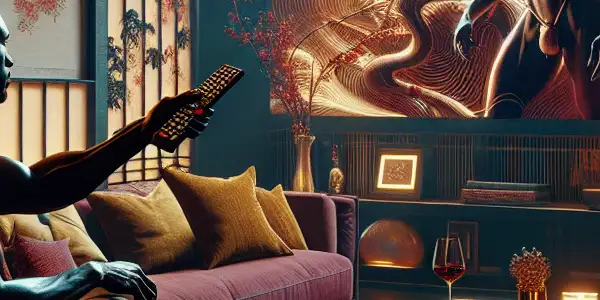 A charismatic man relaxes in a dimly lit room, watching suggestive imagery on a large screen, surrounded by luxurious decor.