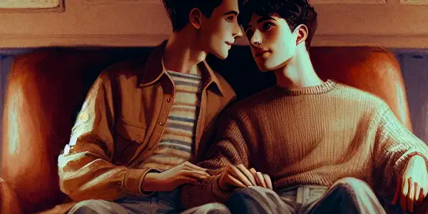 Two men share a tender gaze in a cozy cinema, surrounded by vintage LGBTQ+ film posters and soft lighting.