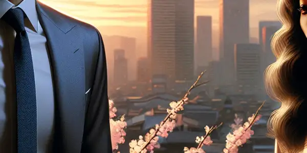 A romantic office scene featuring a couple in intense eye contact, surrounded by cherry blossoms and a sunset skyline.