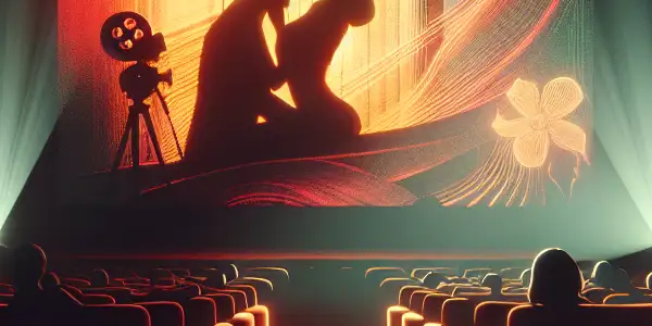 A dimly lit retro theater with a couple's silhouette, showcasing abstract visuals and vintage film elements.