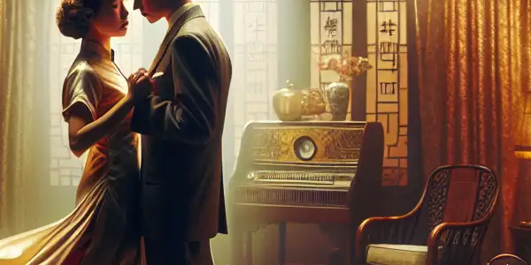 An intimate moment between a couple in a vintage 1940s Shanghai bedroom, filled with romance and tension.