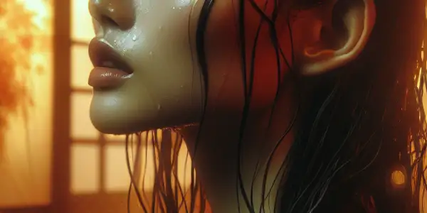 A sensual female figure drenched in water, surrounded by an intimate, dreamy atmosphere with hints of Japanese architecture.